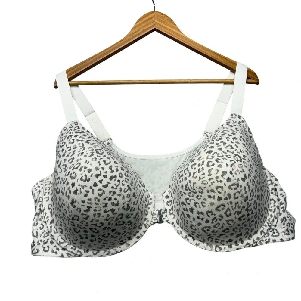 Cacique Womens Bra 50DD White Leopard Print Lightly Lined Tshirt Front Clasp